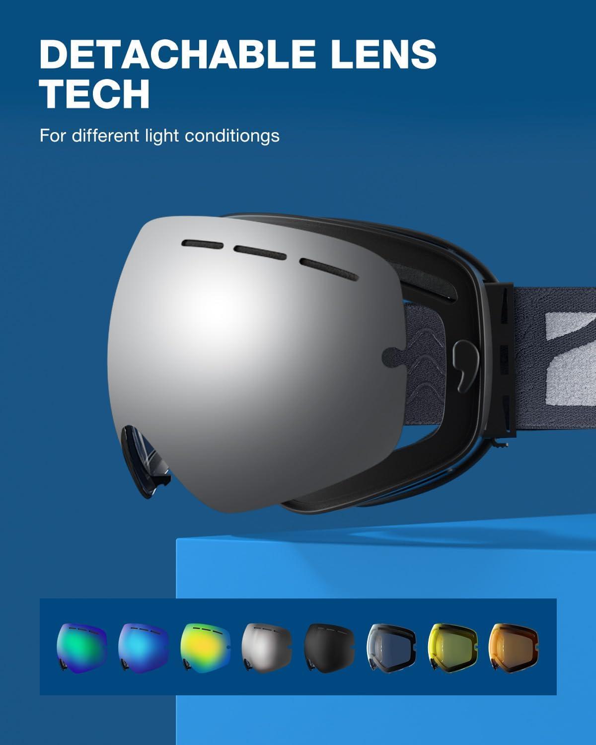 imageZIONOR X Ski Goggles OTG Snowboard Goggles Detachable Lens for Men Women AdultA0vlt 9 Blackframe Silverlens