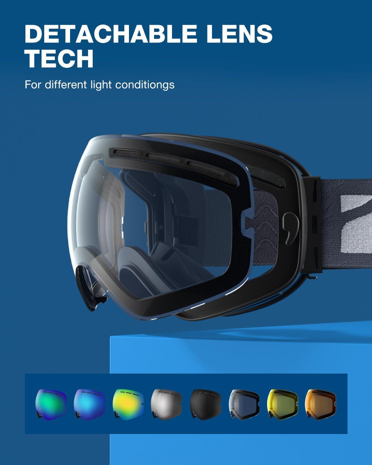 imageZIONOR X Ski Goggles OTG Snowboard Goggles Detachable Lens for Men Women AdultA3vlt 94 Blackframe Clearlens