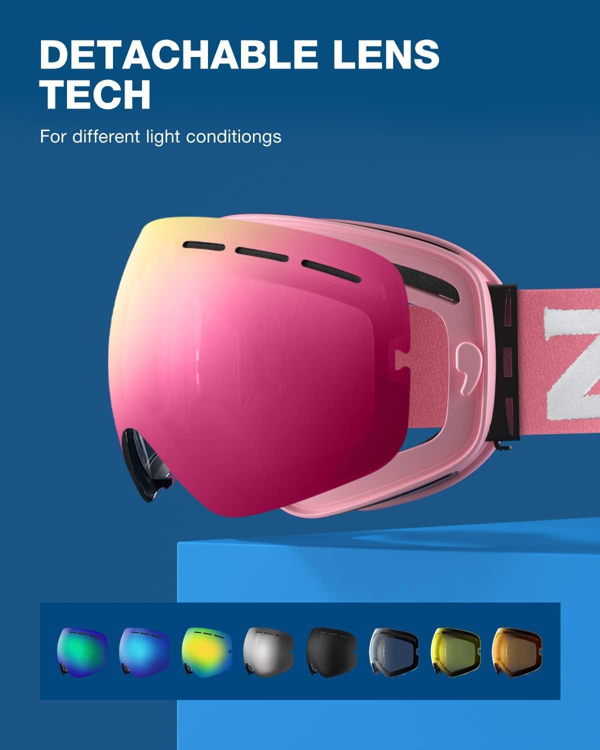 imageZIONOR X Ski Goggles OTG Snowboard Goggles Detachable Lens for Men Women AdultA6vlt 7 Pinkframe Pinklens