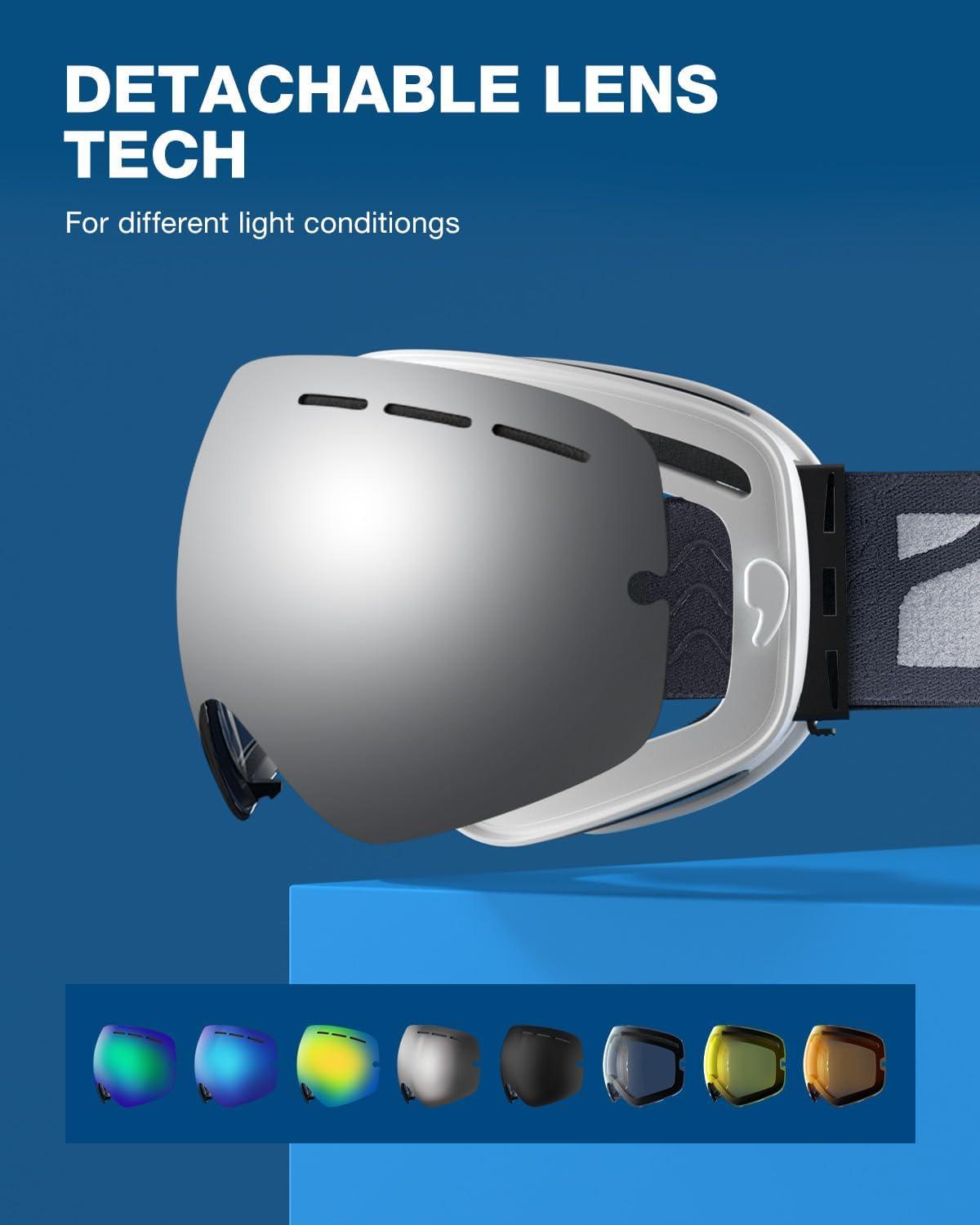 imageZIONOR X Ski Goggles OTG Snowboard Goggles Detachable Lens for Men Women AdultA6vlt 9 Whiteframe Silverlens