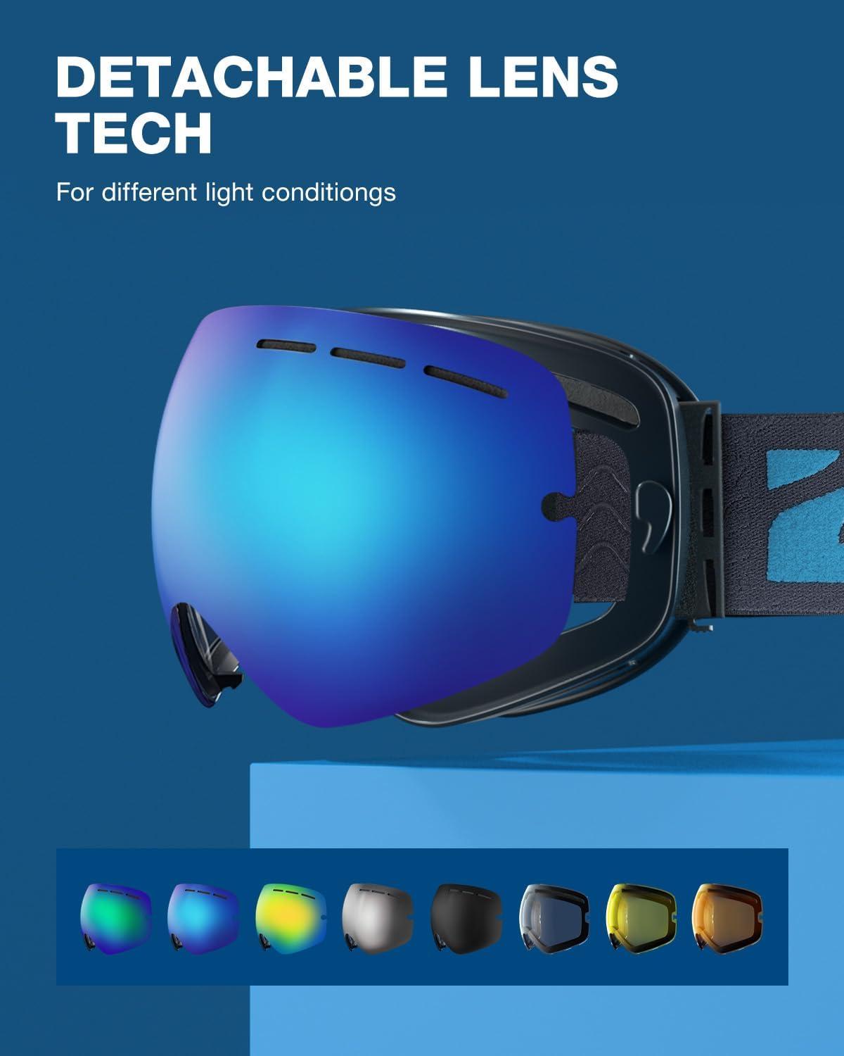 imageZIONOR X Ski Goggles OTG Snowboard Goggles Detachable Lens for Men Women AdultA7vlt 22 Blackframe Bluelens