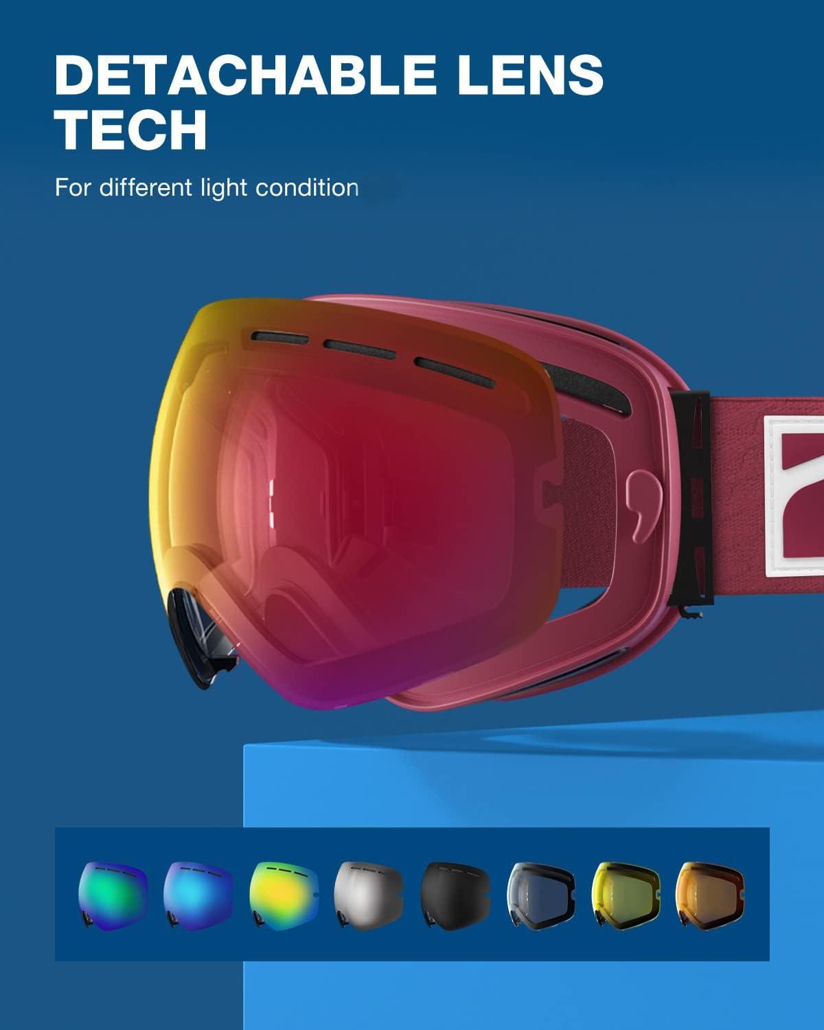 imageZIONOR X Ski Goggles OTG Snowboard Goggles Detachable Lens for Men Women AdultB2vlt 42 Pinkframe Purplerevored Lens