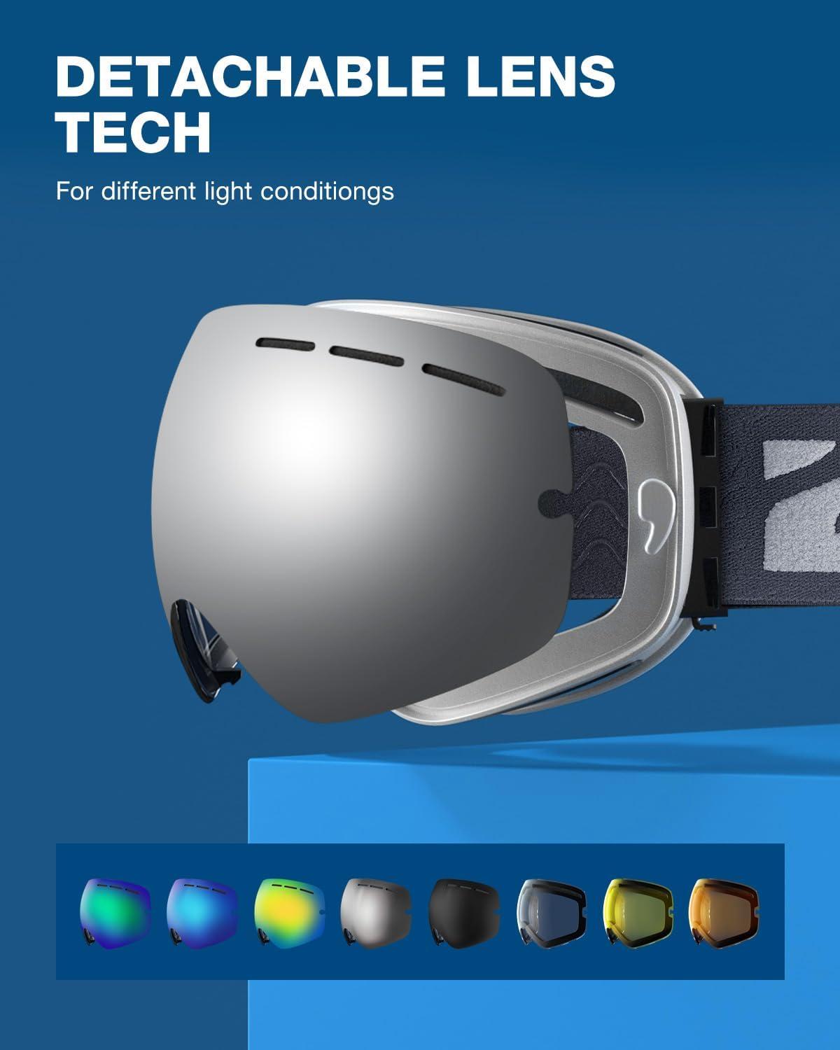 imageZIONOR X Ski Goggles OTG Snowboard Goggles Detachable Lens for Men Women AdultB5vlt 9 Greyframe Silverlens