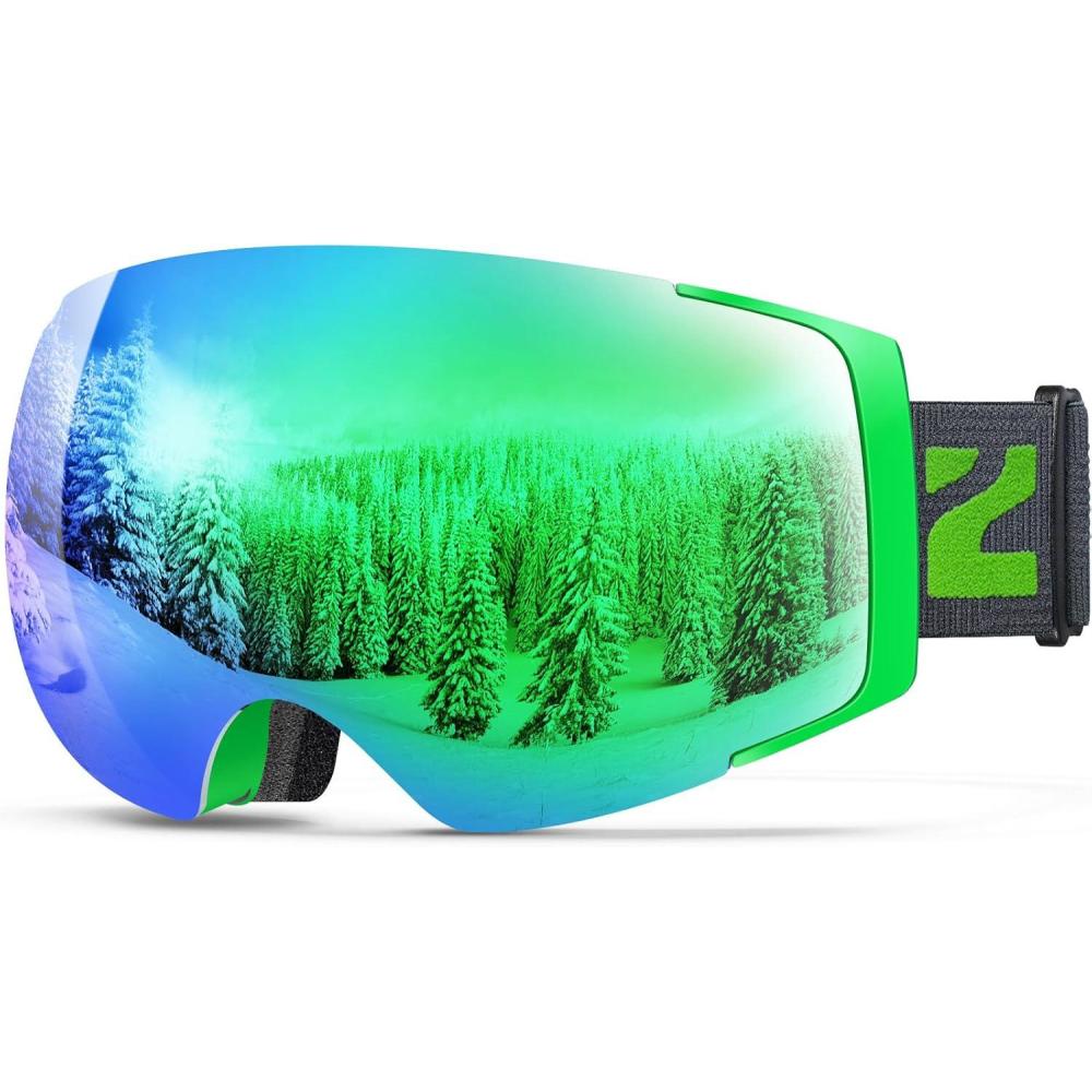 imageZIONOR X4 Ski Goggles Magnetic Lens Snowboard Goggles for Men Women Adult Snow Goggles Antifog UV ProtectionA7vlt 105 Green Frame Grey Revo Green Lens