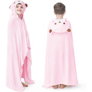 ZIONOR Hooded Bath Towel for Kids – 50”L x 35”W Extra-Large Hooded Towels for Big Kids 6-10, Kids Beach Towels Made from Bamboo Rayon, Suitable for Bath, Pool, Beach(Purple Shark)(3-pink Bear)