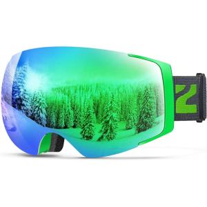 ZIONOR X4 Ski Goggles Magnetic Lens – Snowboard Goggles for Men Women Adult – Snow Goggles Anti-fog UV Protection(A7-vlt 10.5% Green Frame Grey Revo Green Lens)