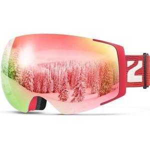 ZIONOR X4 Ski Goggles Magnetic Lens – Snowboard Goggles for Men Women Adult – Snow Goggles Anti-fog UV Protection(B2-red Frame Sakurapink Lens)