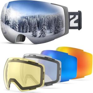 ZIONOR X4 Ski Goggles Set 5 In 1 Snow Goggles for Men Women Adult Snowboard Goggles Anti-fog UV Protection(Polarized+bright+clear+red(org-base)+silver)