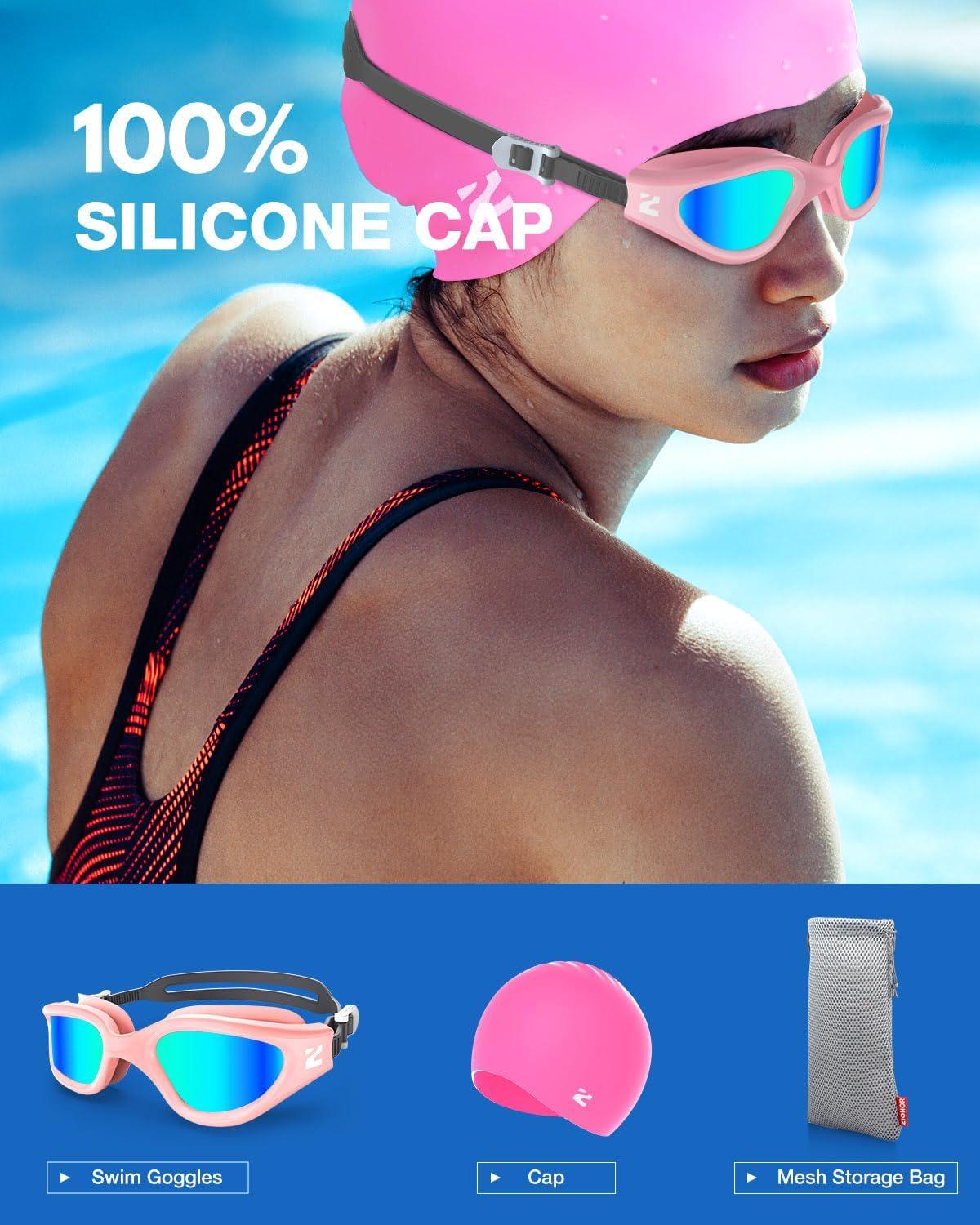 imageZIONOR G1 Lite Swim Goggles with Swim Cap Comfortable Antifog Swimming Goggles Cap Set for Adult Men WomenA9pinkgoldc5 Rosered