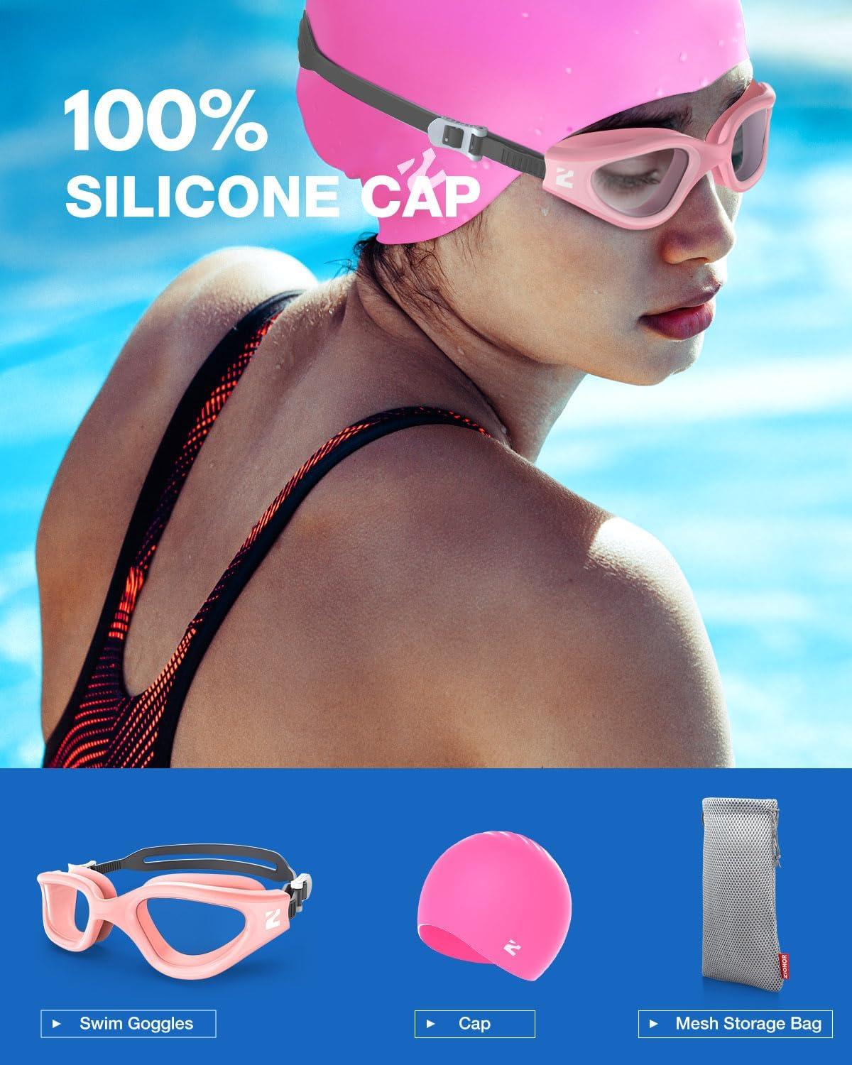 imageZIONOR G1 Lite Swim Goggles with Swim Cap Comfortable Antifog Swimming Goggles Cap Set for Adult Men WomenB5pinkclearc5 Pink