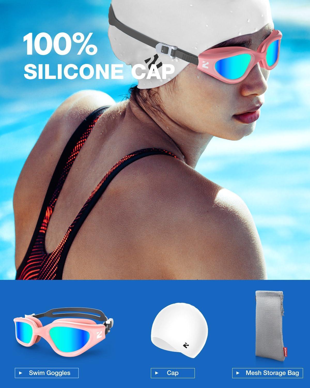 imageZIONOR G1 Lite Swim Goggles with Swim Cap Comfortable Antifog Swimming Goggles Cap Set for Adult Men WomenB6pinkgoldc5 White