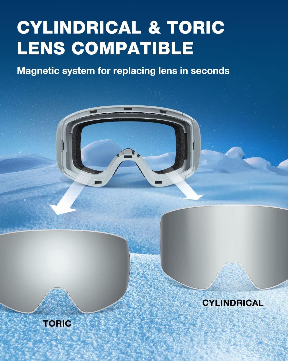 imageZIONOR Ski Goggles X12 100 OTG Snow Goggles Detachable Lens for Men Women AdultA3grey Frame Silver Toric Lens Vlt 10 S3