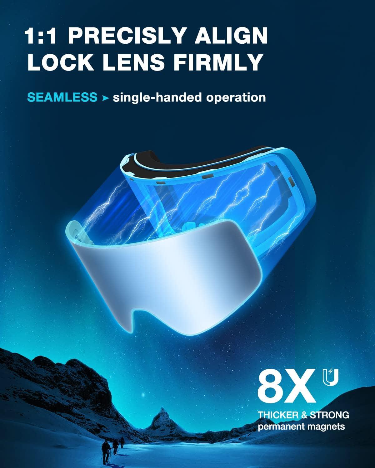 imageZIONOR Ski Goggles X12 100 OTG Snow Goggles Detachable Lens for Men Women AdultA9blue Frame Gold Cylindrical Lens Vlt 7 S4