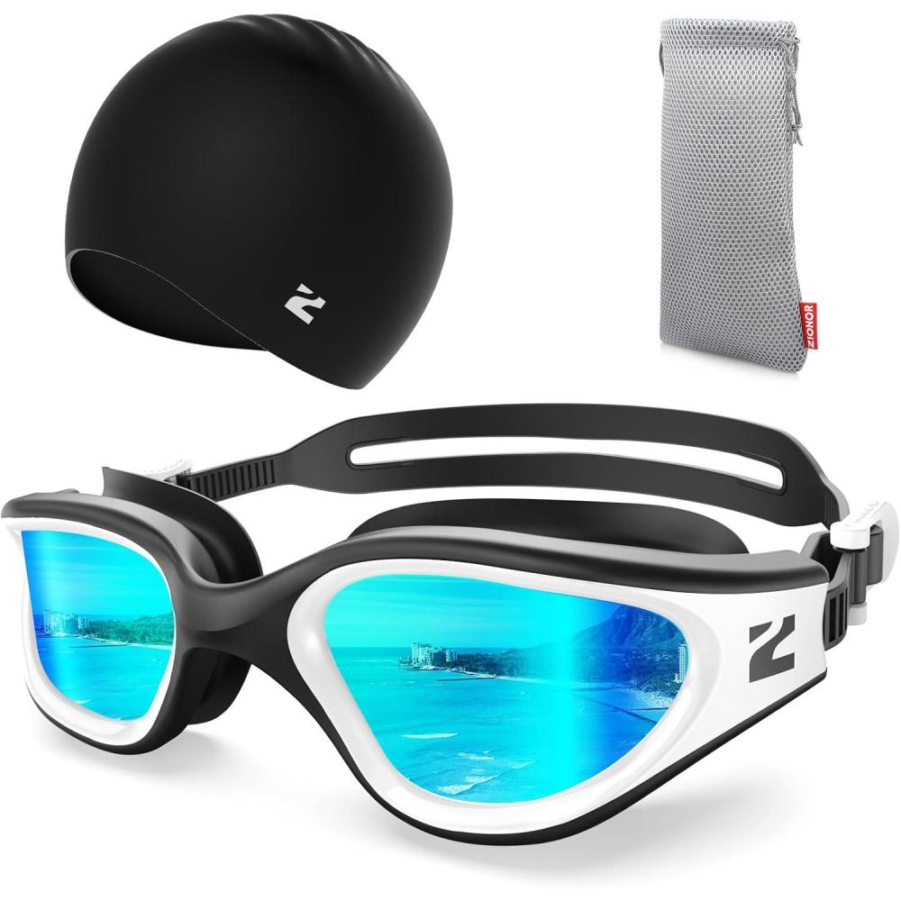 imageZIONOR G1 Lite Swim Goggles with Swim Cap Comfortable Antifog Swimming Goggles Cap Set for Adult Men WomenA0whitegoldc5 Black