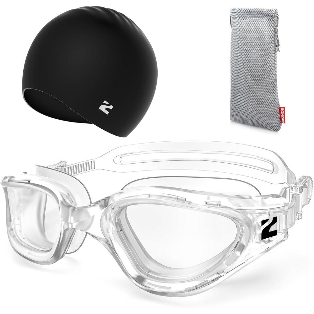 imageZIONOR G1 Lite Swim Goggles with Swim Cap Comfortable Antifog Swimming Goggles Cap Set for Adult Men WomenA2allclearc5 Black