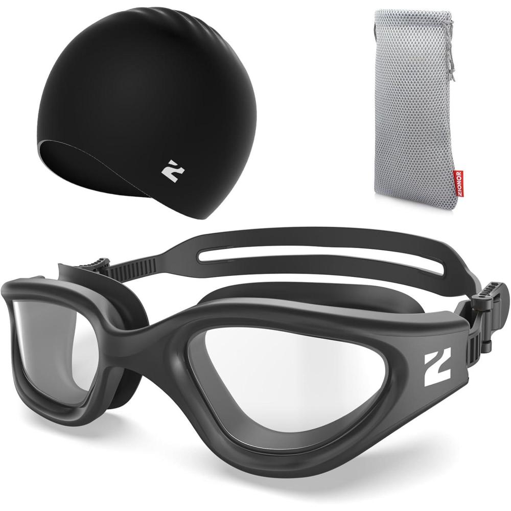 imageZIONOR G1 Lite Swim Goggles with Swim Cap Comfortable Antifog Swimming Goggles Cap Set for Adult Men WomenA3allblackclearc5 Black