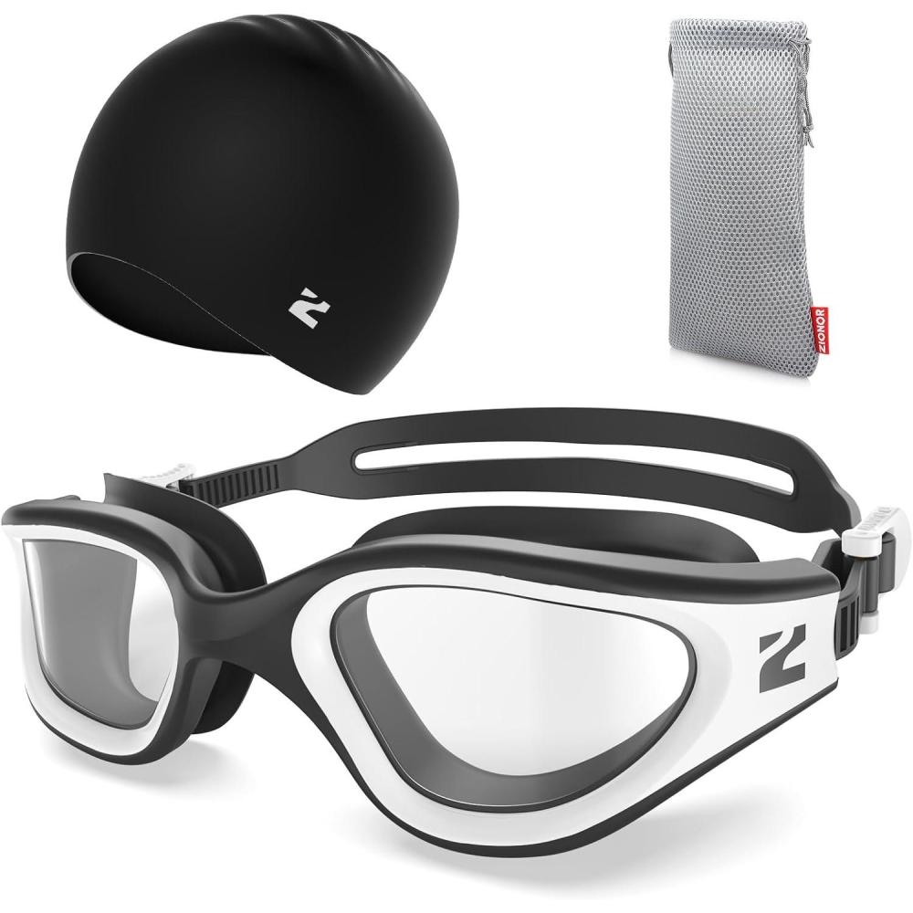 imageZIONOR G1 Lite Swim Goggles with Swim Cap Comfortable Antifog Swimming Goggles Cap Set for Adult Men WomenA6blackwhitec5 Black