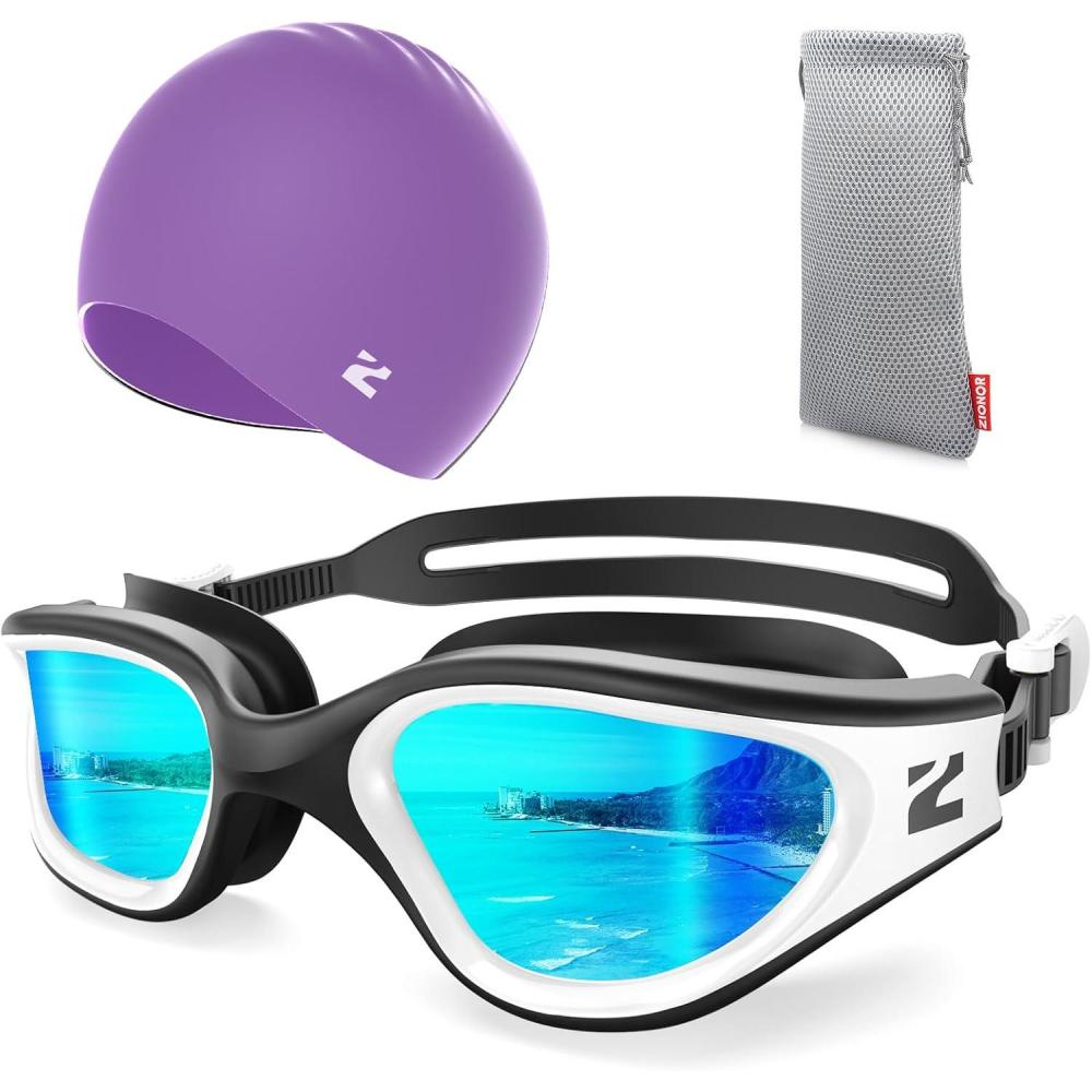 imageZIONOR G1 Lite Swim Goggles with Swim Cap Comfortable Antifog Swimming Goggles Cap Set for Adult Men WomenA7whitegoldc5 Purple