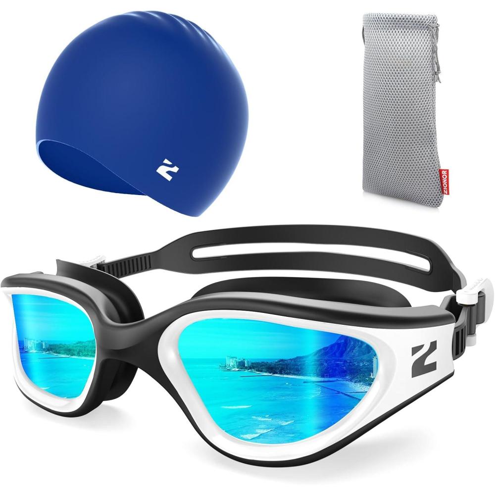 imageZIONOR G1 Lite Swim Goggles with Swim Cap Comfortable Antifog Swimming Goggles Cap Set for Adult Men WomenA8whitegoldc5 Blue