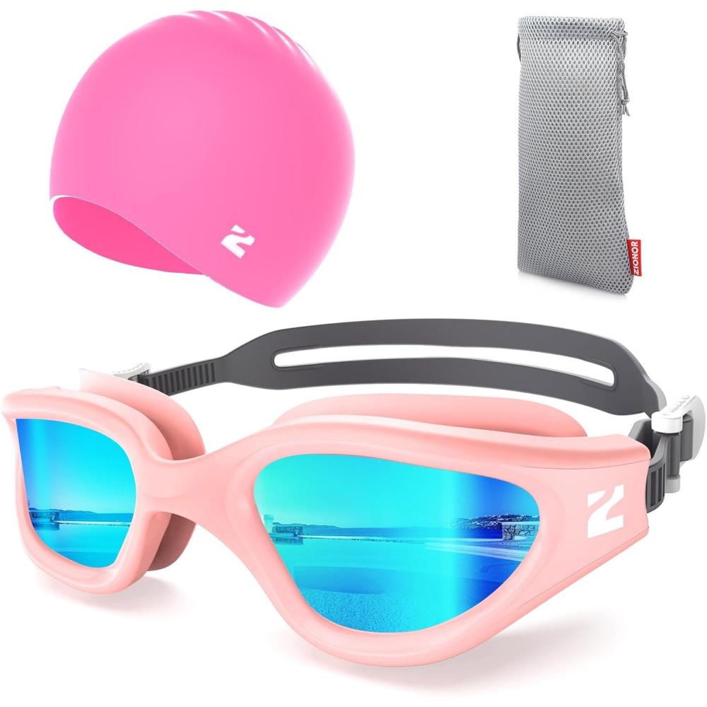 imageZIONOR G1 Lite Swim Goggles with Swim Cap Comfortable Antifog Swimming Goggles Cap Set for Adult Men WomenA9pinkgoldc5 Rosered