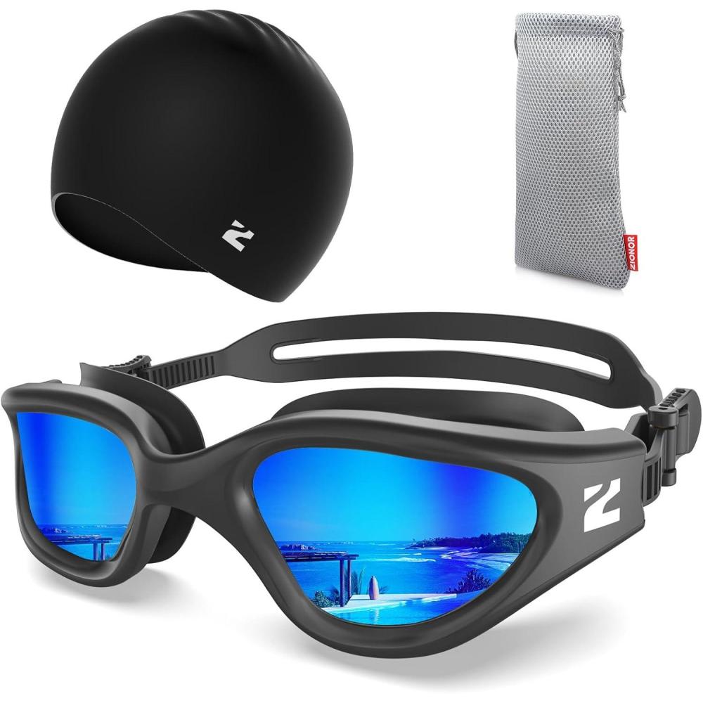 imageZIONOR G1 Lite Swim Goggles with Swim Cap Comfortable Antifog Swimming Goggles Cap Set for Adult Men WomenB1allblackbluec5 Black