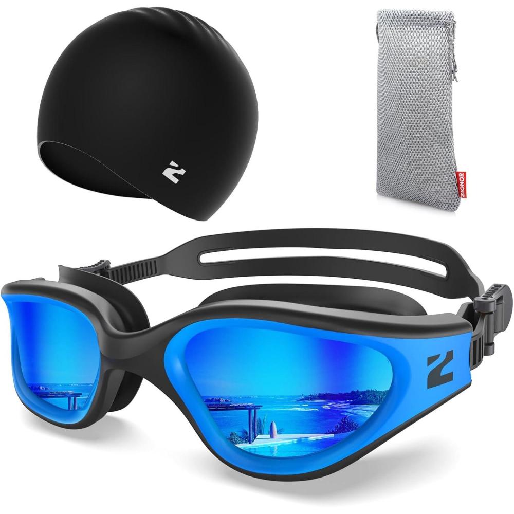 imageZIONOR G1 Lite Swim Goggles with Swim Cap Comfortable Antifog Swimming Goggles Cap Set for Adult Men WomenB2blackbluec5 Black