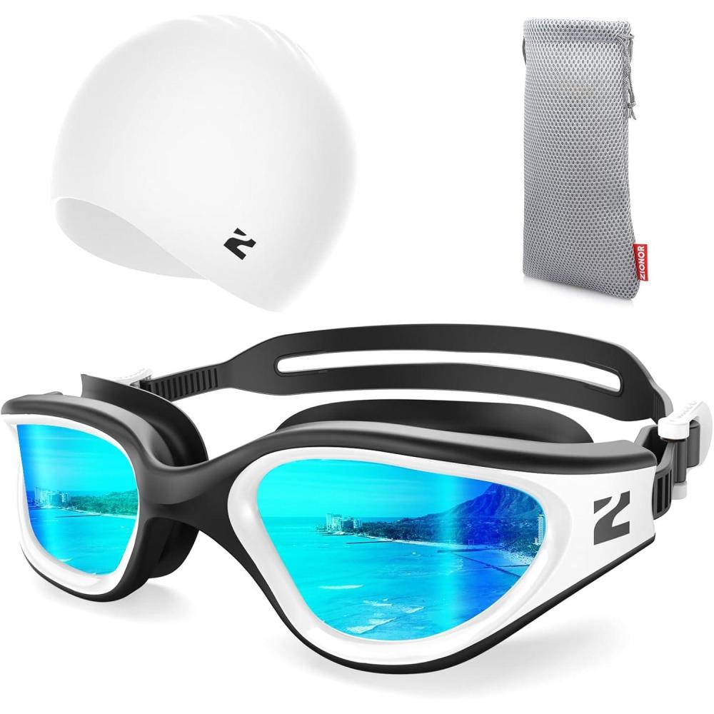 imageZIONOR G1 Lite Swim Goggles with Swim Cap Comfortable Antifog Swimming Goggles Cap Set for Adult Men WomenB3whitegoldc5 White