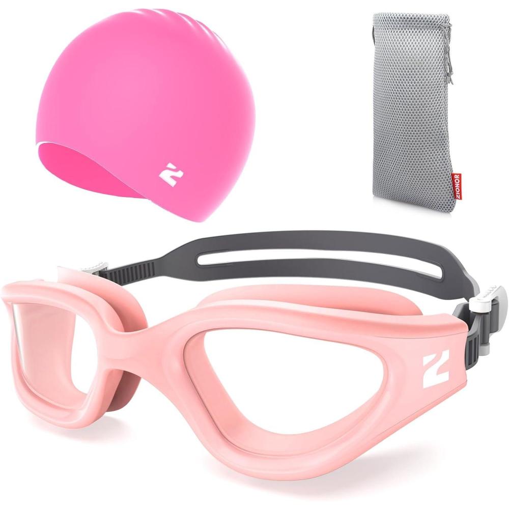 imageZIONOR G1 Lite Swim Goggles with Swim Cap Comfortable Antifog Swimming Goggles Cap Set for Adult Men WomenB5pinkclearc5 Pink
