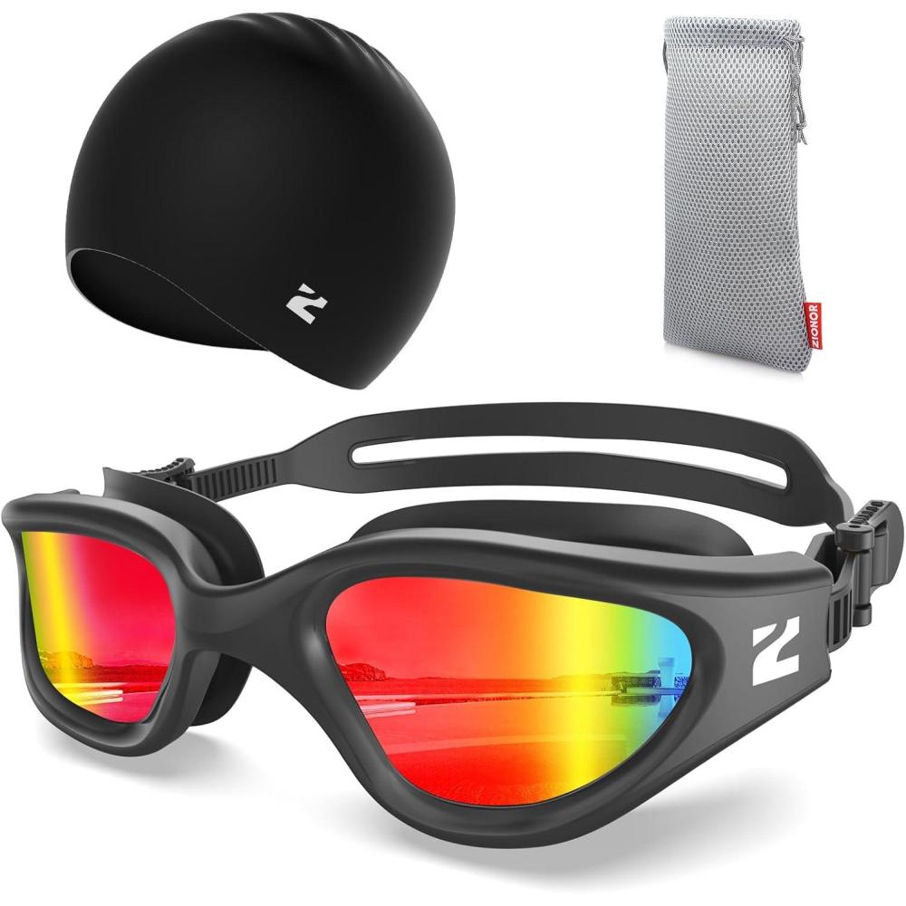 imageZIONOR G1 Lite Swim Goggles with Swim Cap Comfortable Antifog Swimming Goggles Cap Set for Adult Men WomenC2allblackredc5 Black