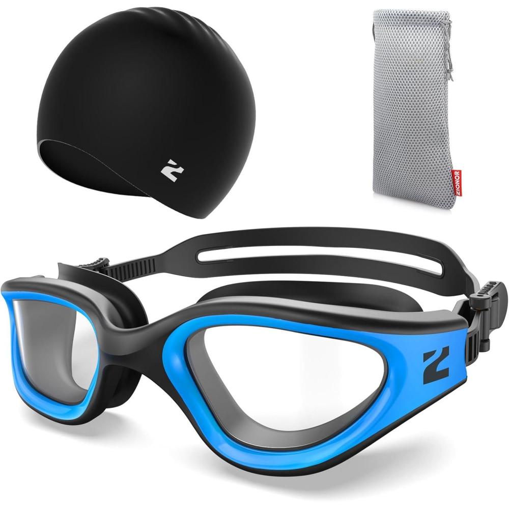 imageZIONOR G1 Lite Swim Goggles with Swim Cap Comfortable Antifog Swimming Goggles Cap Set for Adult Men WomenC4blueclearc5 Black