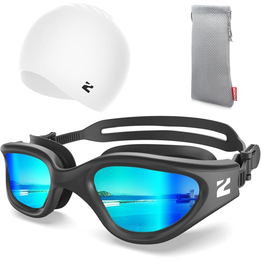 imageZIONOR G1 Lite Swim Goggles with Swim Cap Comfortable Antifog Swimming Goggles Cap Set for Adult Men WomenC5allblackc5 White