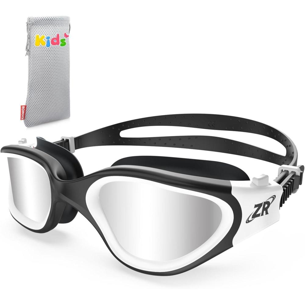 imageZIONOR Kids Swim Goggles G1 MINI UV Protection AntiFog Polarized Swimming Goggles for Age 614B0mirrored Silver Lens Blackwhite Frame