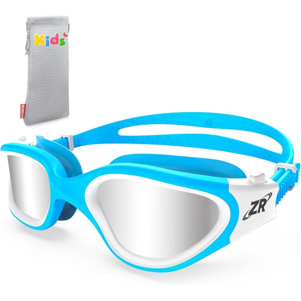 imageZIONOR Kids Swim Goggles G1 MINI UV Protection AntiFog Polarized Swimming Goggles for Age 614B2mirrored Silver Lens Bluewhite Frame