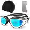 ZIONOR G1 Lite Swim Goggles with Swim Cap Comfortable Anti-fog Swimming Goggles Cap Set for Adult Men Women(A0(white-gold+c5 Black))