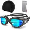 ZIONOR G1 Lite Swim Goggles with Swim Cap Comfortable Anti-fog Swimming Goggles Cap Set for Adult Men Women(A1(allblack+c5 Black))