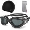ZIONOR G1 Lite Swim Goggles with Swim Cap Comfortable Anti-fog Swimming Goggles Cap Set for Adult Men Women(A5(allblack-smoke+c5 Black))