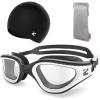 ZIONOR G1 Lite Swim Goggles with Swim Cap Comfortable Anti-fog Swimming Goggles Cap Set for Adult Men Women(A6(black-white+c5 Black))