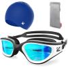 ZIONOR G1 Lite Swim Goggles with Swim Cap Comfortable Anti-fog Swimming Goggles Cap Set for Adult Men Women(A8(white-gold+c5 Blue))