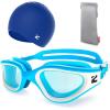 ZIONOR G1 Lite Swim Goggles with Swim Cap Comfortable Anti-fog Swimming Goggles Cap Set for Adult Men Women(B0(blue-white+c5 Blue))