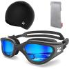 ZIONOR G1 Lite Swim Goggles with Swim Cap Comfortable Anti-fog Swimming Goggles Cap Set for Adult Men Women(B1(allblack-blue+c5 Black))