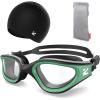 ZIONOR G1 Lite Swim Goggles with Swim Cap Comfortable Anti-fog Swimming Goggles Cap Set for Adult Men Women(B7(green-clear+c5 Black))
