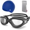 ZIONOR G1 Lite Swim Goggles with Swim Cap Comfortable Anti-fog Swimming Goggles Cap Set for Adult Men Women(B9(allblack-clear+c5 Blue))