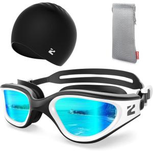 ZIONOR G1 Lite Swim Goggles with Swim Cap Comfortable Anti-fog Swimming Goggles Cap Set for Adult Men Women(A0(white-gold+c5 Black))