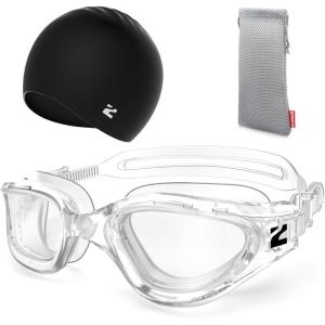 ZIONOR G1 Lite Swim Goggles with Swim Cap Comfortable Anti-fog Swimming Goggles Cap Set for Adult Men Women(A2(allclear+c5 Black))