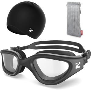 ZIONOR G1 Lite Swim Goggles with Swim Cap Comfortable Anti-fog Swimming Goggles Cap Set for Adult Men Women(A3(allblack-clear+c5 Black))