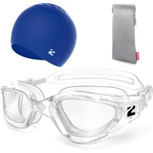 ZIONOR G1 Lite Swim Goggles with Swim Cap Comfortable Anti-fog Swimming Goggles Cap Set for Adult Men Women(A4(allclear+c5 Blue))