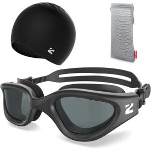 ZIONOR G1 Lite Swim Goggles with Swim Cap Comfortable Anti-fog Swimming Goggles Cap Set for Adult Men Women(A5(allblack-smoke+c5 Black))