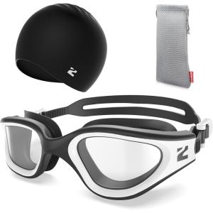 ZIONOR G1 Lite Swim Goggles with Swim Cap Comfortable Anti-fog Swimming Goggles Cap Set for Adult Men Women(A6(black-white+c5 Black))