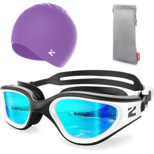 ZIONOR G1 Lite Swim Goggles with Swim Cap Comfortable Anti-fog Swimming Goggles Cap Set for Adult Men Women(A7(white-gold+c5 Purple))