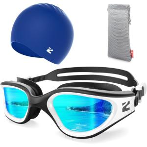 ZIONOR G1 Lite Swim Goggles with Swim Cap Comfortable Anti-fog Swimming Goggles Cap Set for Adult Men Women(A8(white-gold+c5 Blue))